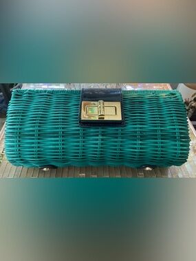 J. CREW NEW Women’s Teal Woven Wicker Clutch Handbag with turn clasp, lined.